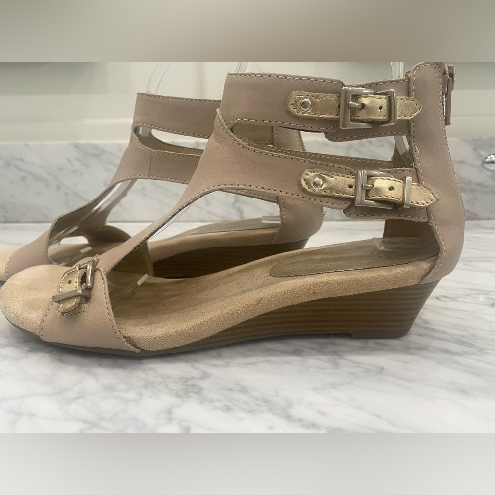AEROSOLES Beige Buckle Wedge Sandals